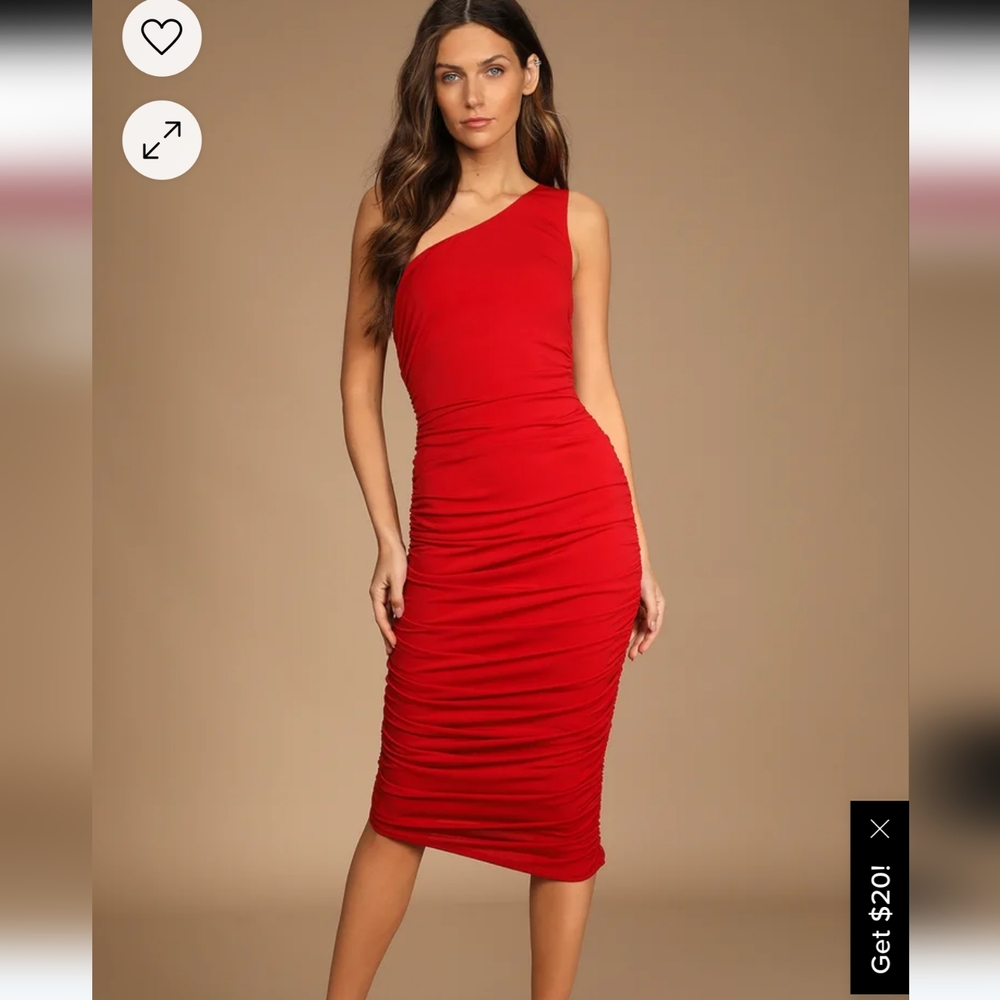 LULUS Total Appeal Red Ruched One-Shoulder Bodycon Midi Dress red in small